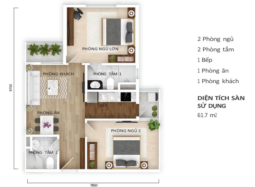 Thiết kế căn hộ 2 phòng ngủ Gamuda Central Park